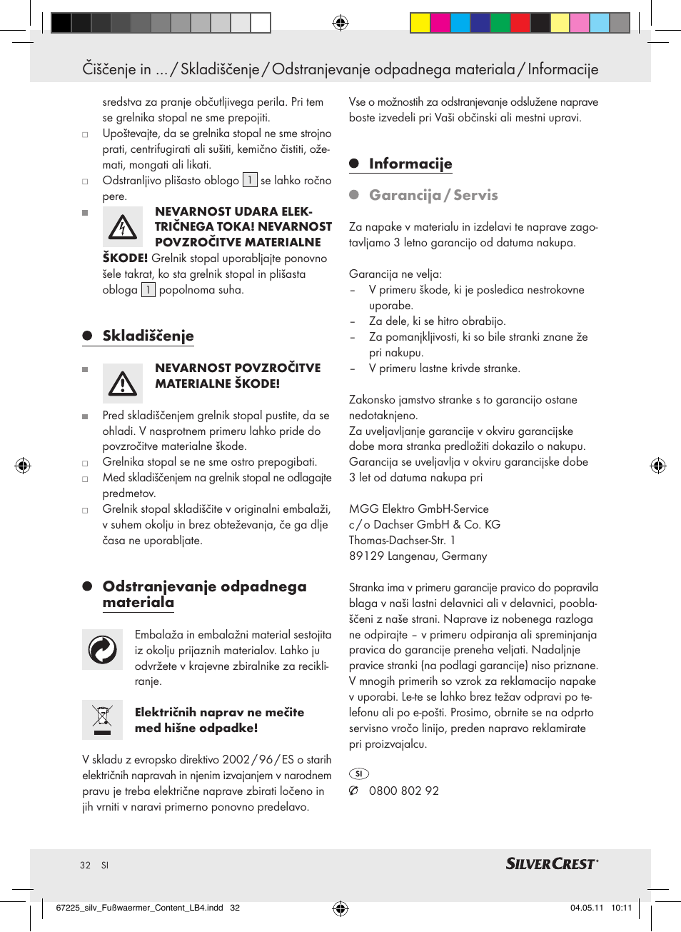 Skladiščenje, Odstranjevanje odpadnega materiala, Informacije garancija / servis | Silvercrest Foot Warmer User Manual | Page 28 / 52