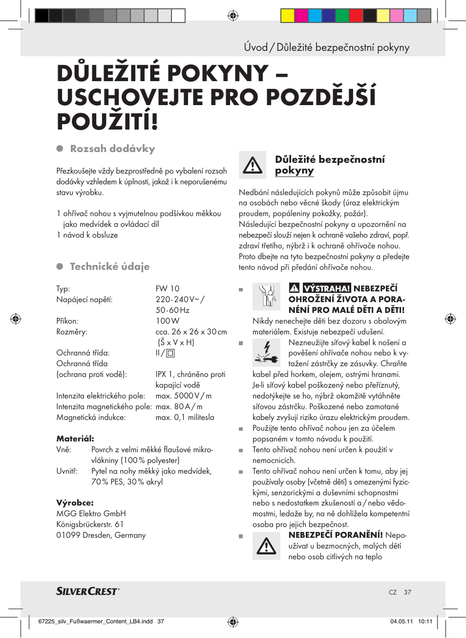 Důležité pokyny – uschovejte pro pozdější použití, Úvod / důležité bezpečnostní pokyny | Silvercrest Foot Warmer User Manual | Page 33 / 52