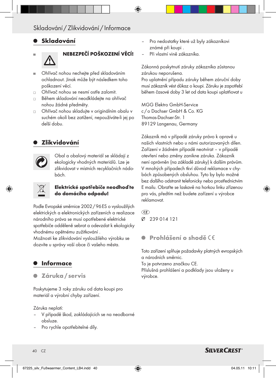 Skladování / zlikvidování / informace, Skladování, Zlikvidování | Informace záruka / servis, Prohlášení o shodě | Silvercrest Foot Warmer User Manual | Page 36 / 52