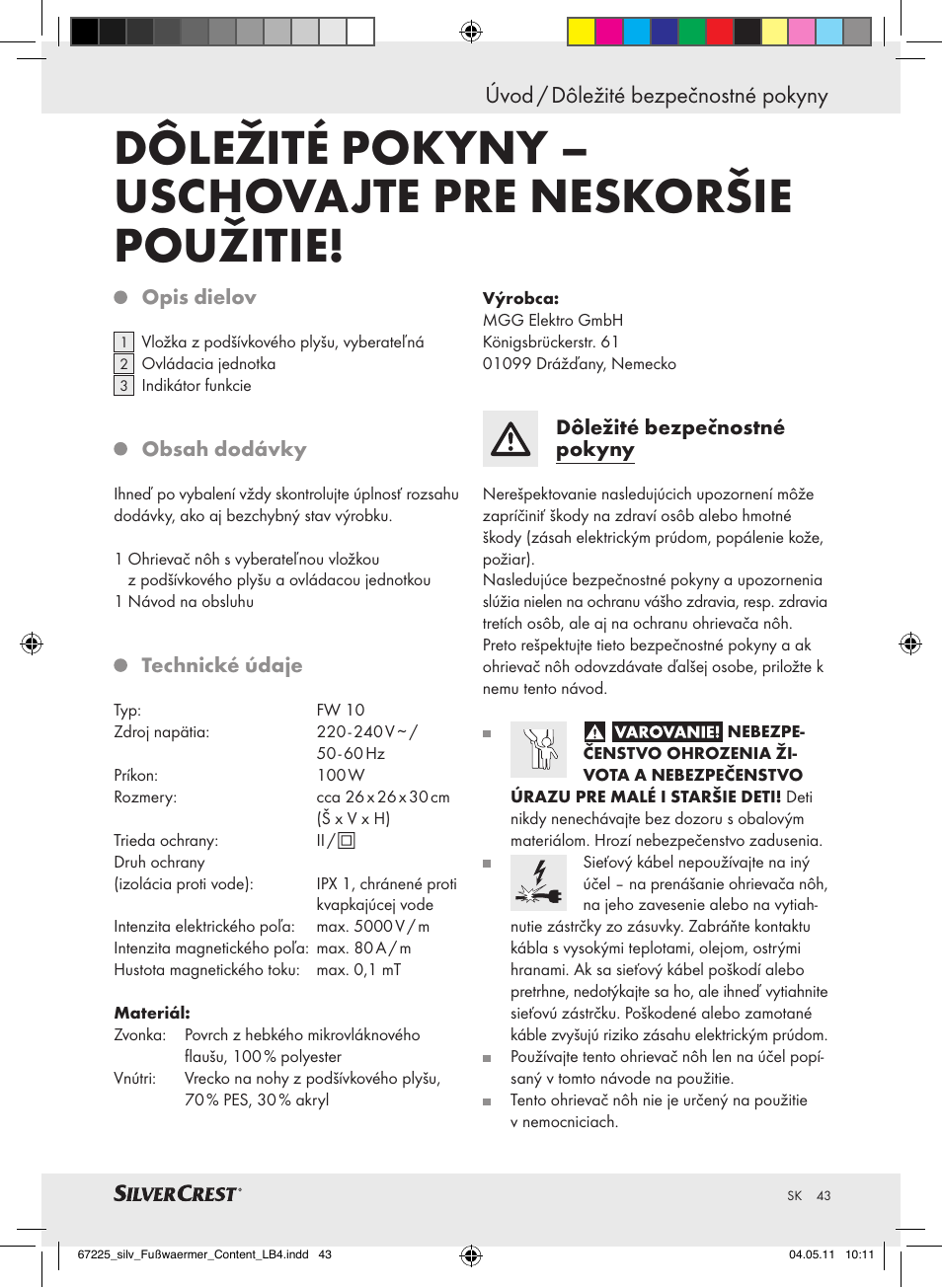 Úvod / dôležité bezpečnostné pokyny | Silvercrest Foot Warmer User Manual | Page 39 / 52