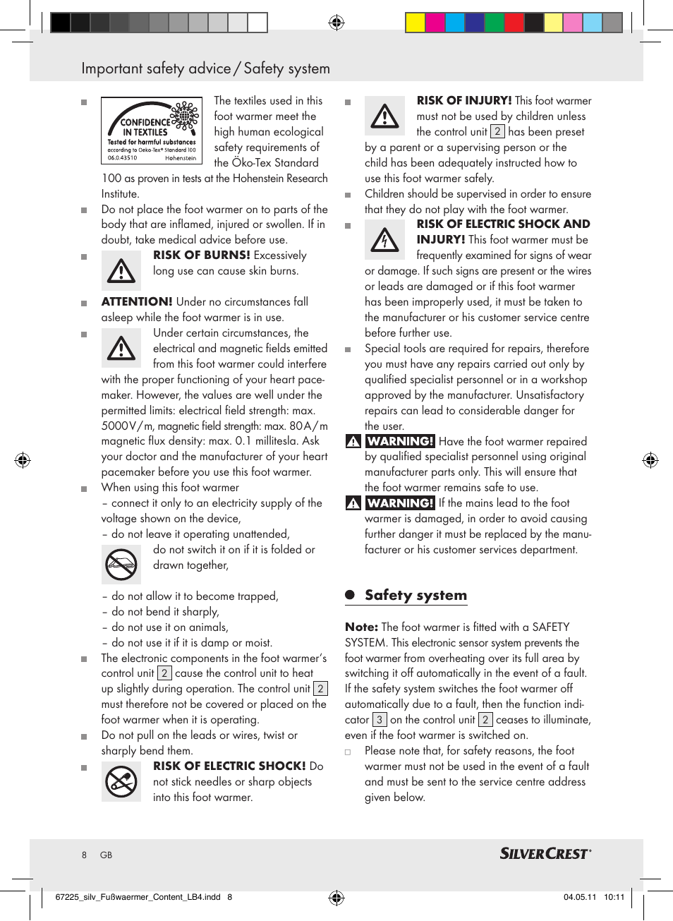 Important safety advice / safety system, Safety system | Silvercrest Foot Warmer User Manual | Page 4 / 52