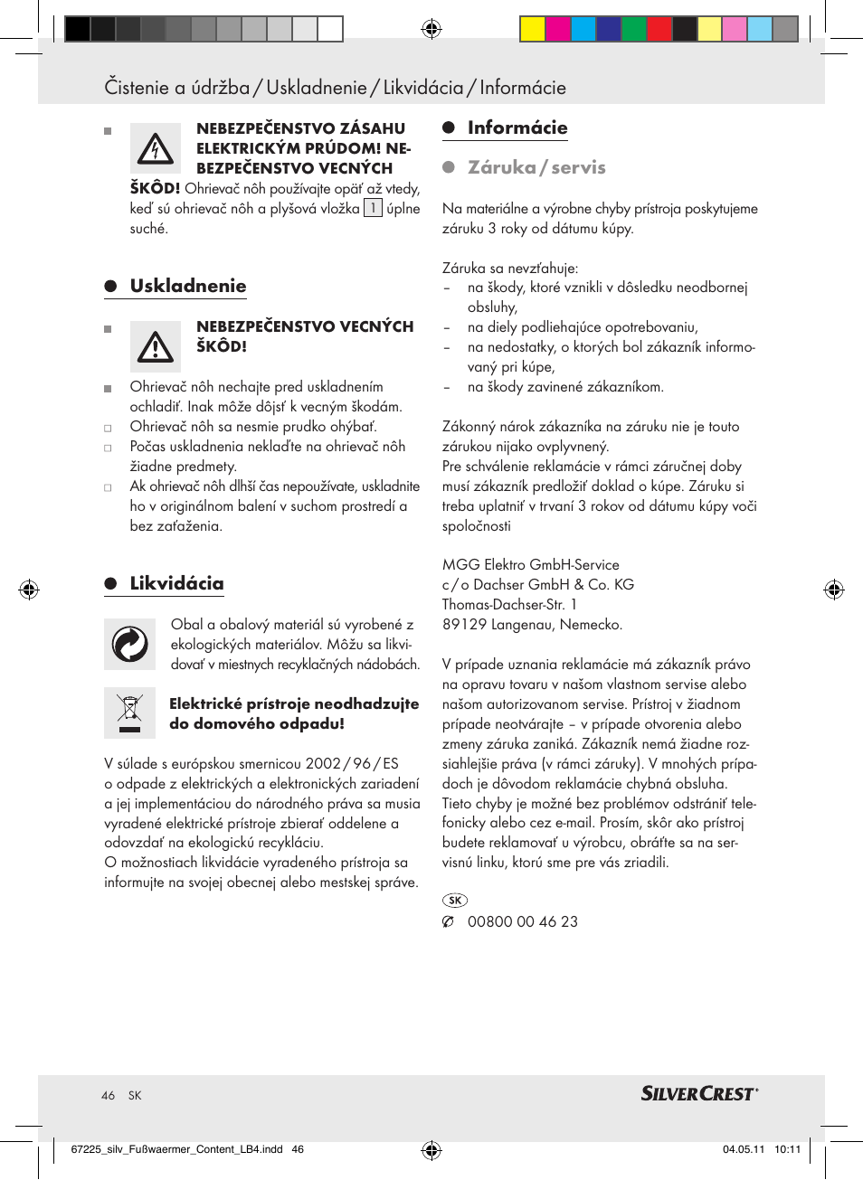 Uskladnenie, Likvidácia, Informácie záruka / servis | Silvercrest Foot Warmer User Manual | Page 42 / 52