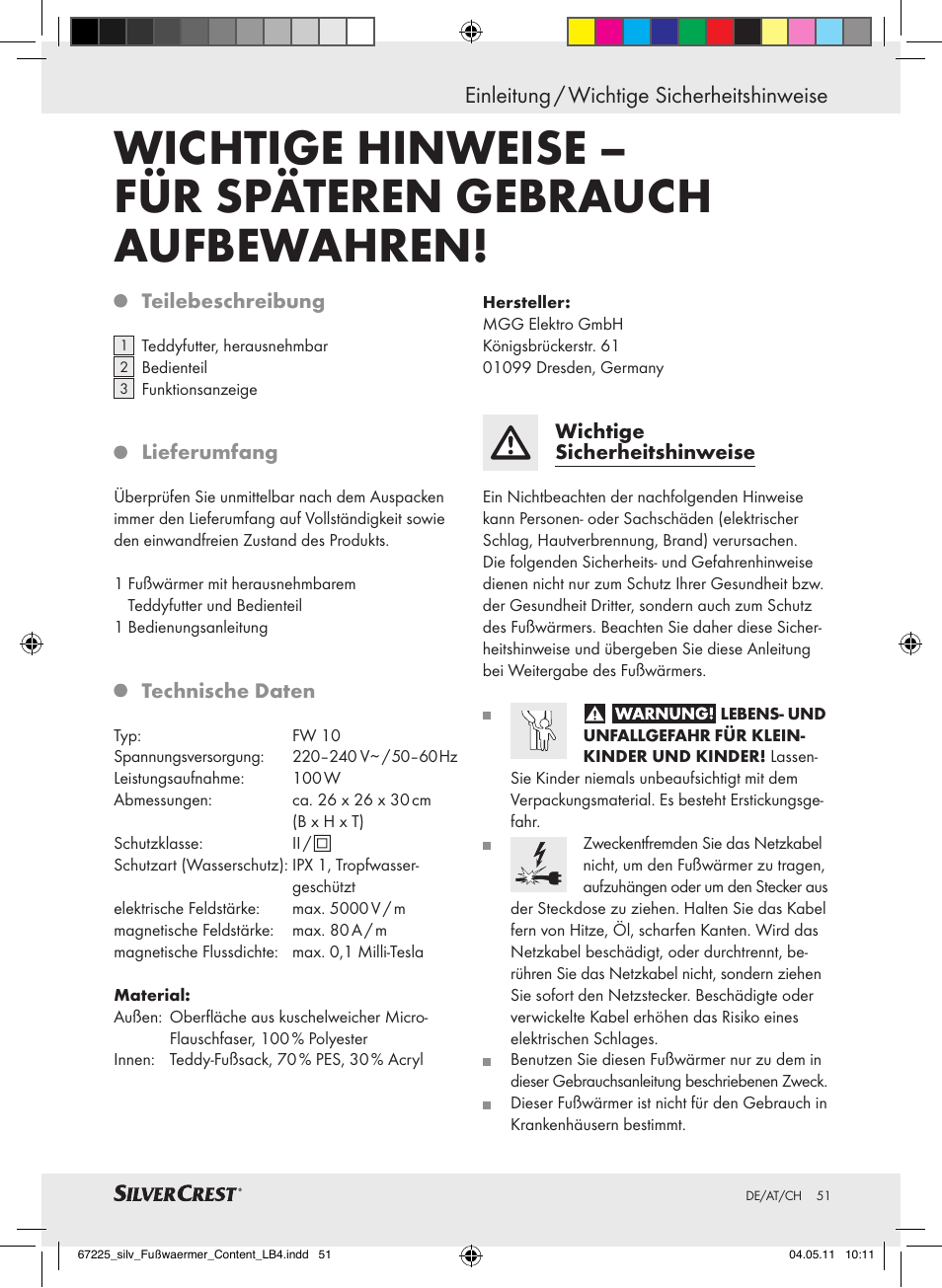 Einleitung / wichtige sicherheitshinweise | Silvercrest Foot Warmer User Manual | Page 47 / 52