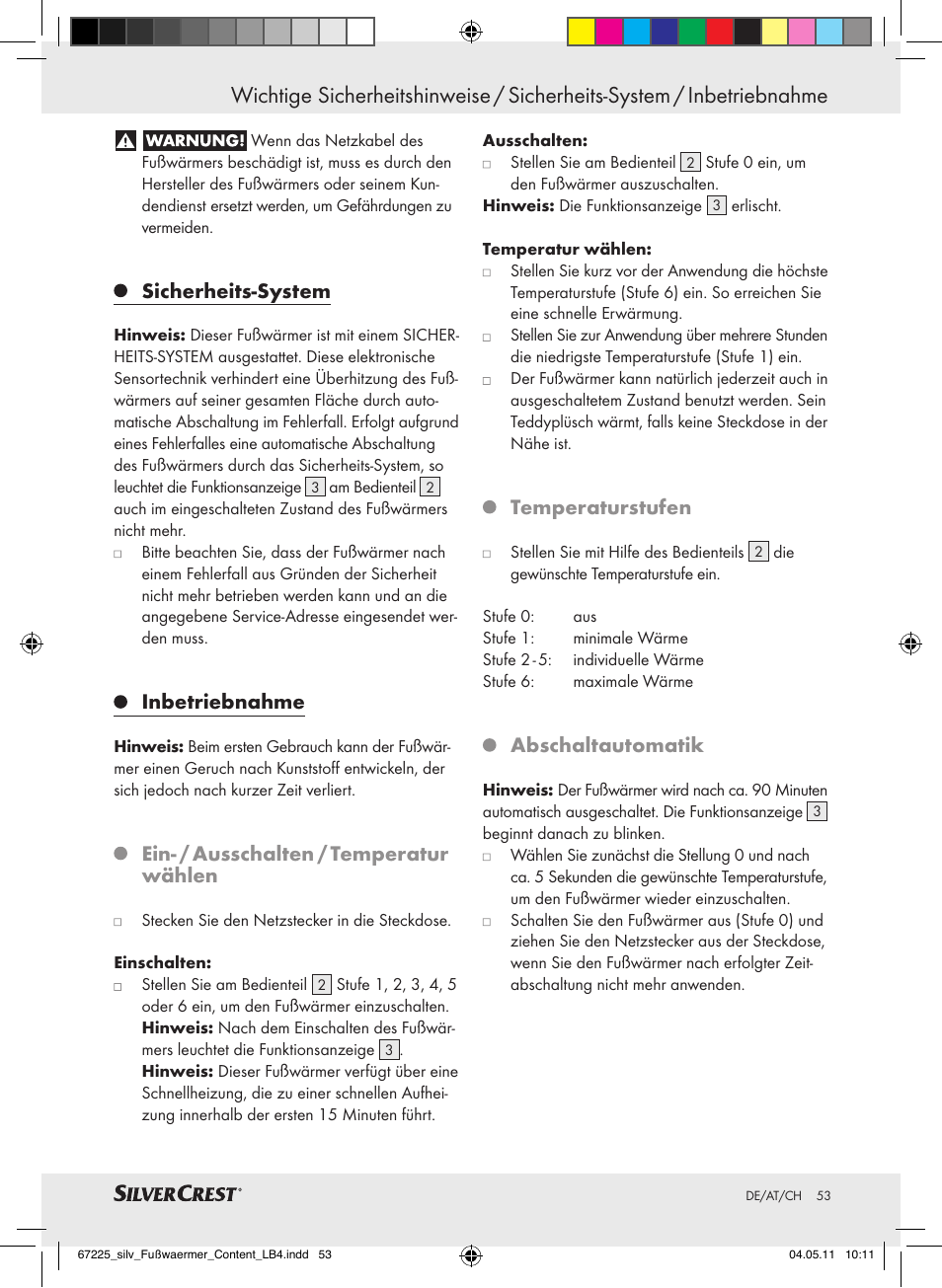 Sicherheits-system, Inbetriebnahme, Ein- / ausschalten / temperatur wählen | Temperaturstufen, Abschaltautomatik | Silvercrest Foot Warmer User Manual | Page 49 / 52