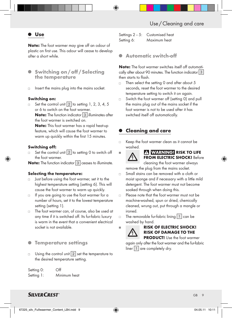 Use / cleaning and care, Switching on / off / selecting the temperature, Temperature settings | Automatic switch-off, Cleaning and care | Silvercrest Foot Warmer User Manual | Page 5 / 52