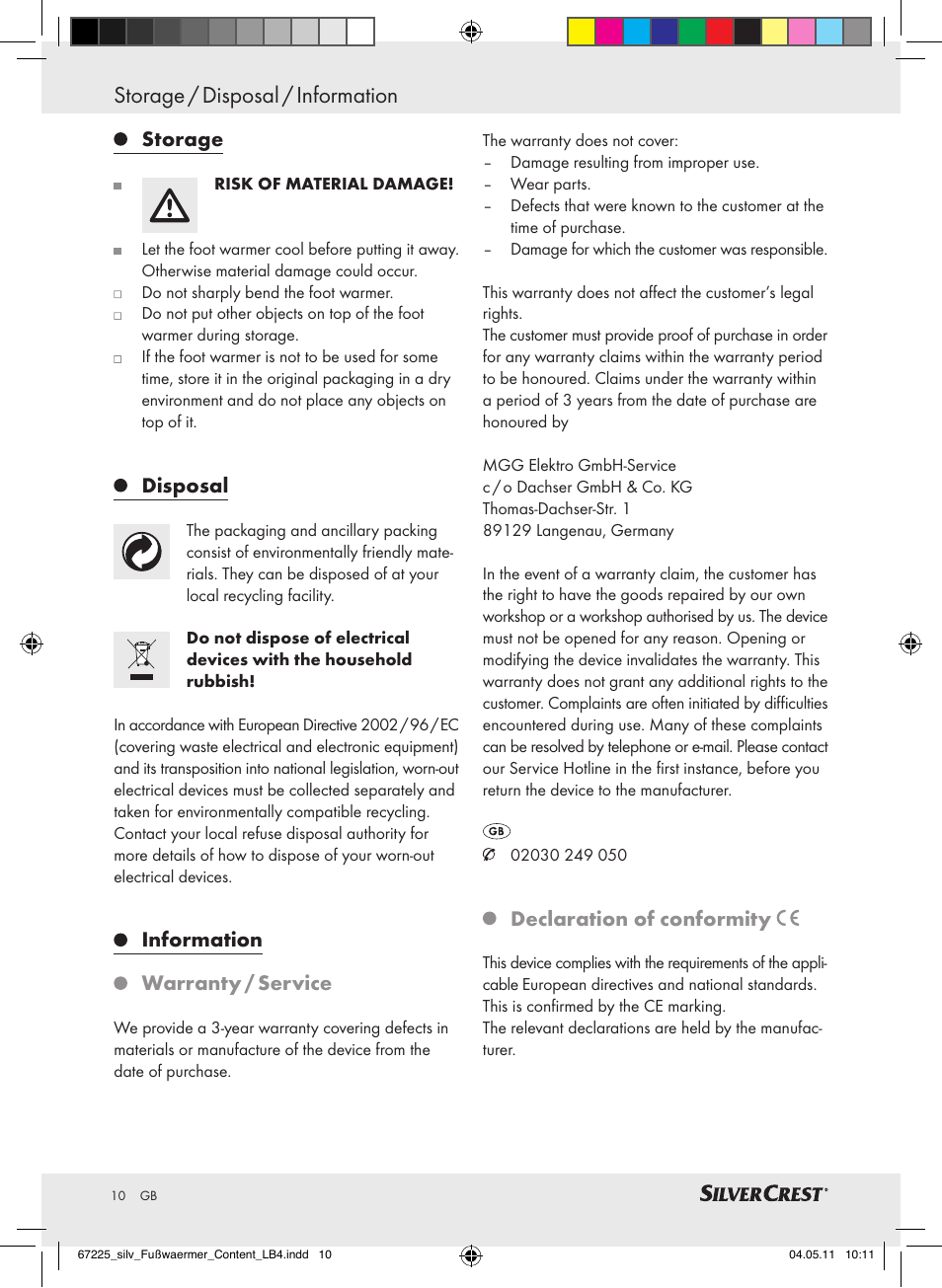 Storage / disposal / information, Storage, Disposal | Information warranty / service, Declaration of conformity | Silvercrest Foot Warmer User Manual | Page 6 / 52