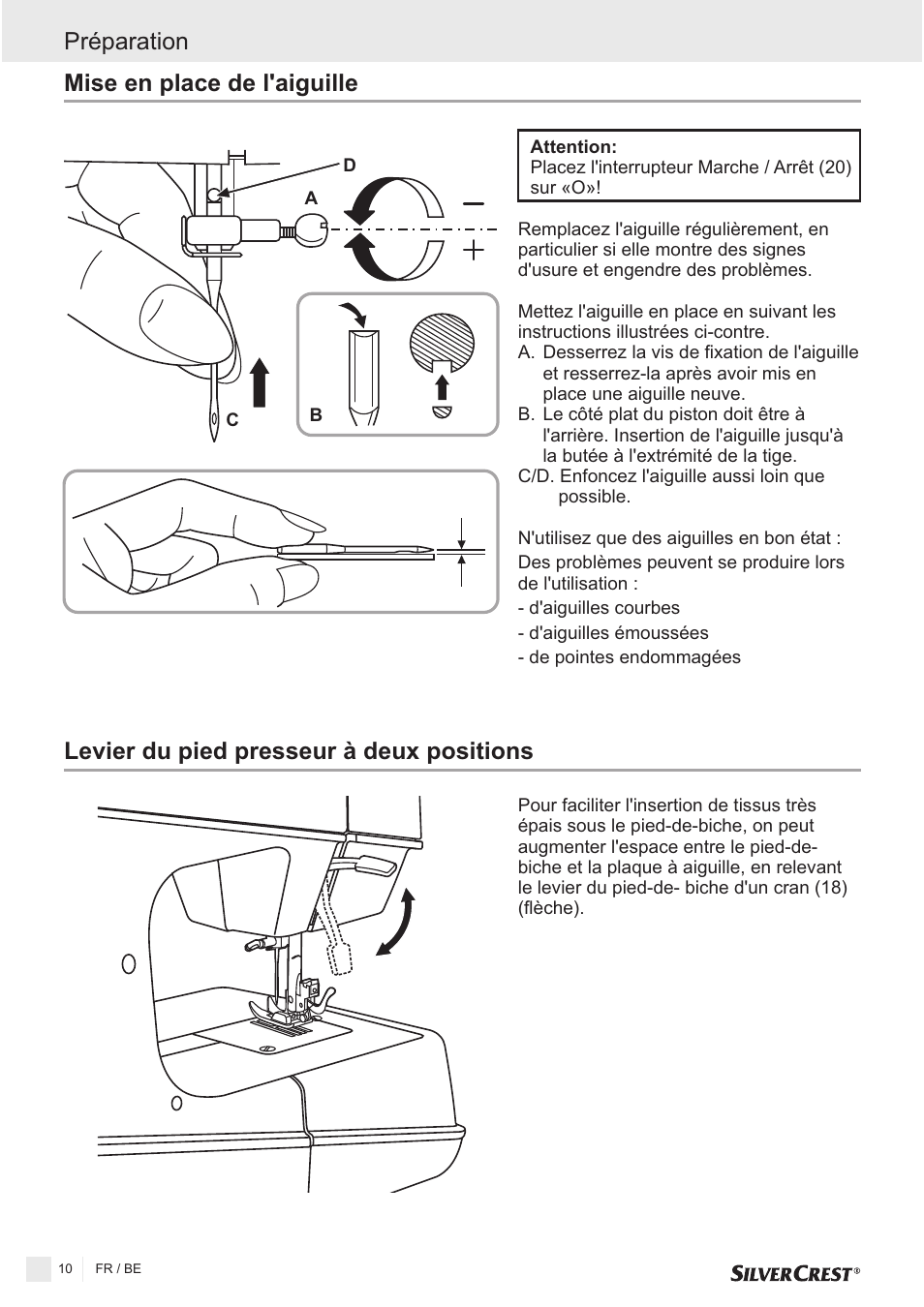 Levier du pied presseur à deux positions, Mise en place de l'aiguille préparation | Silvercrest SNMD 33 A1 User Manual | Page 10 / 94