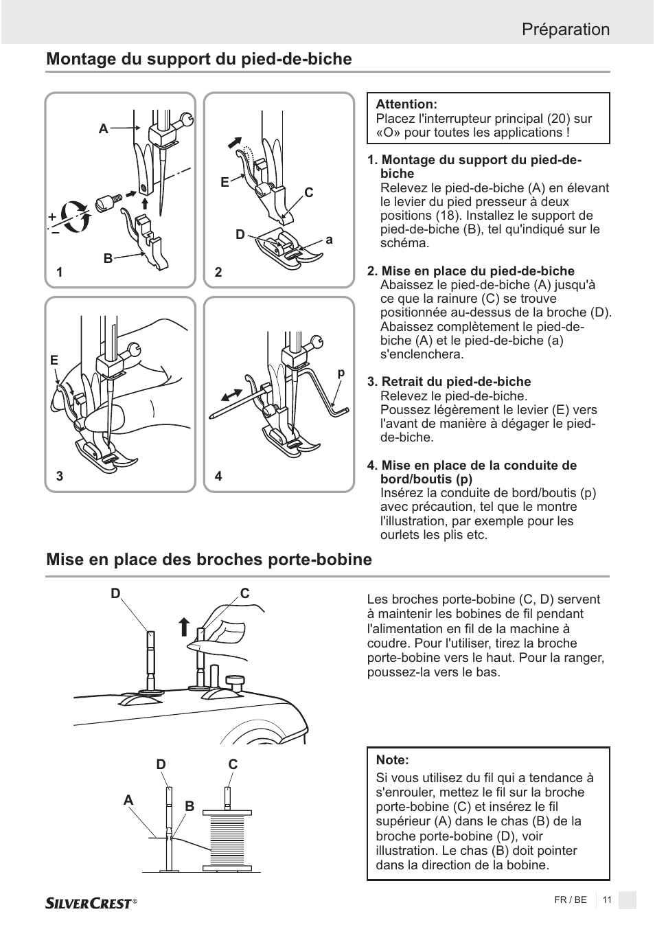 Montage du support du pied-de-biche, Préparation, Mise en place des broches porte-bobine | Silvercrest SNMD 33 A1 User Manual | Page 11 / 94