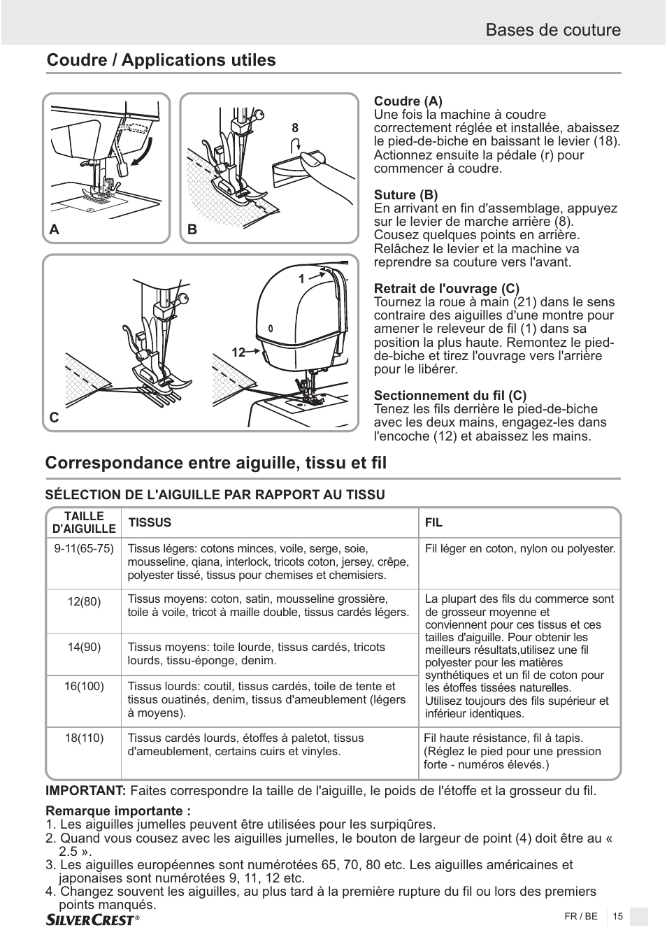 Coudre / applications utiles | Silvercrest SNMD 33 A1 User Manual | Page 15 / 94