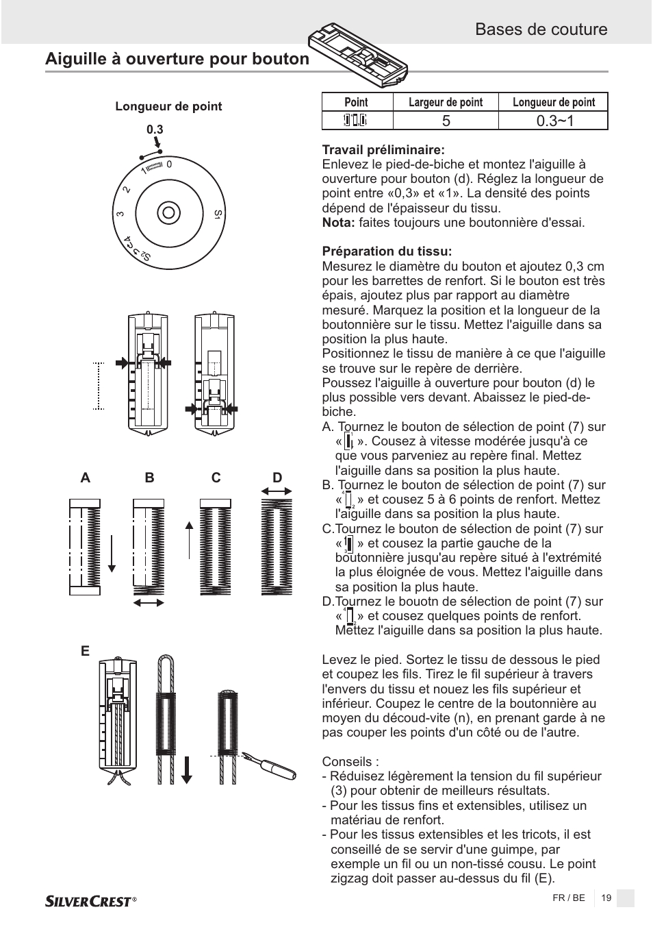 Aiguille à ouverture pour bouton, Bases de couture | Silvercrest SNMD 33 A1 User Manual | Page 19 / 94