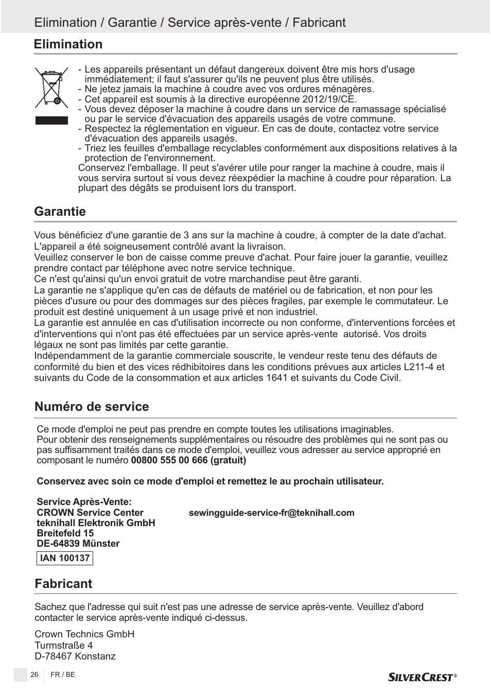 Numéro de service, Garantie | Silvercrest SNMD 33 A1 User Manual | Page 26 / 94