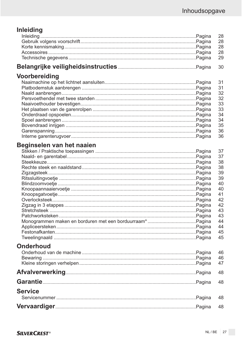 Inhoudsopgave, Inleiding voorbereiding beginselen van het naaien | Silvercrest SNMD 33 A1 User Manual | Page 27 / 94