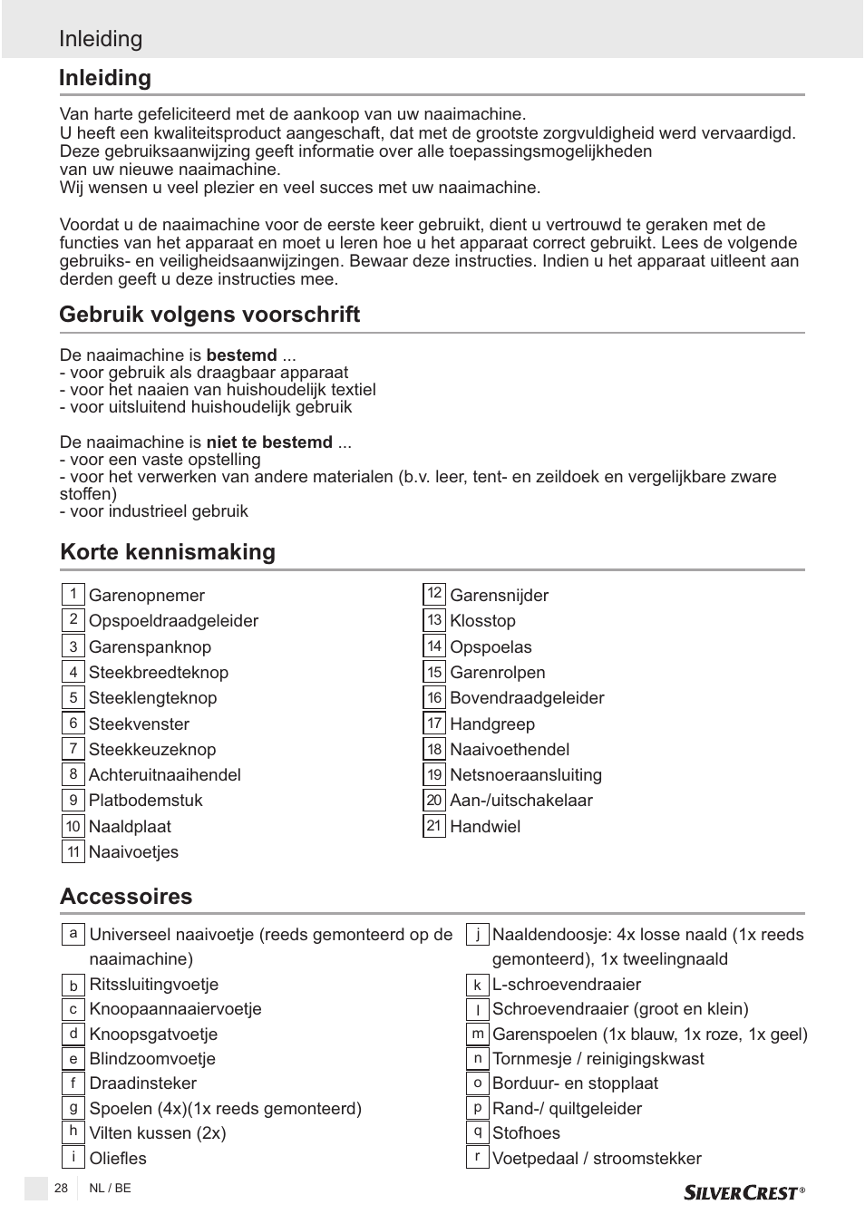 Inleiding gebruik volgens voorschrift, Inleiding, Korte kennismaking accessoires | Silvercrest SNMD 33 A1 User Manual | Page 28 / 94