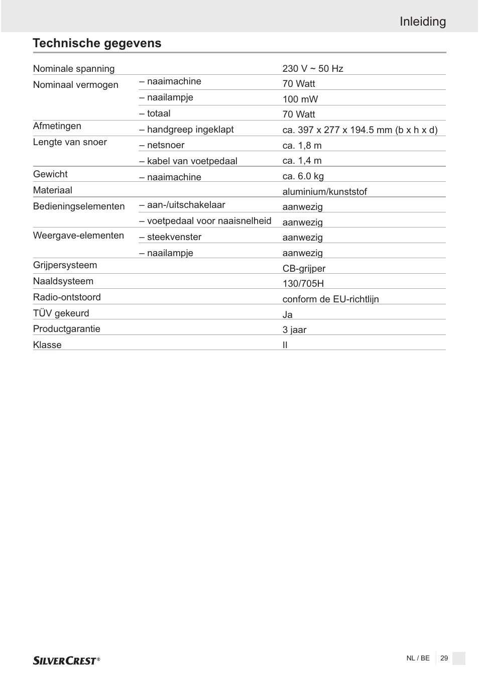 Inleiding technische gegevens | Silvercrest SNMD 33 A1 User Manual | Page 29 / 94