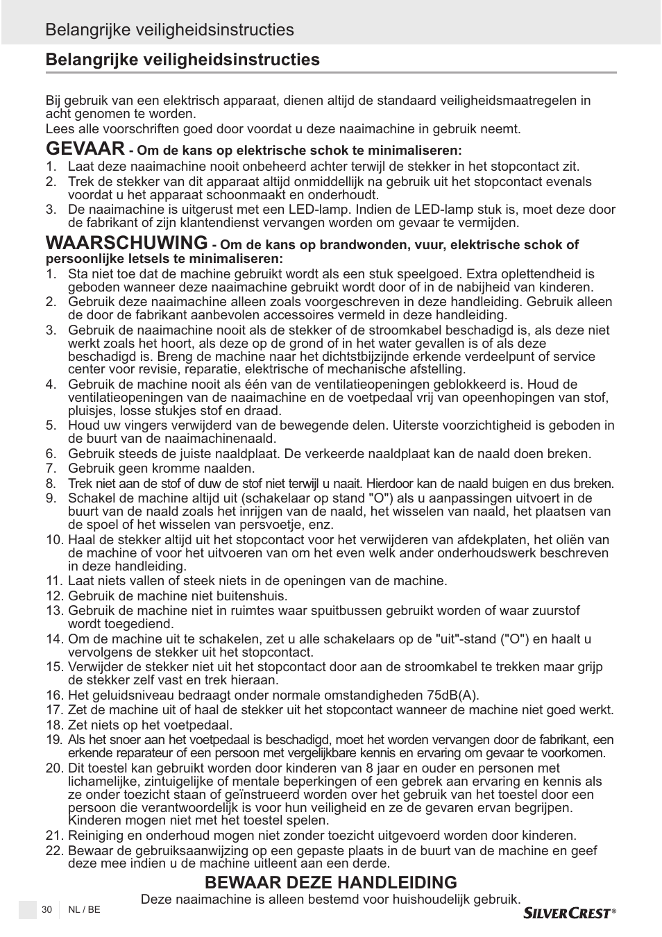 Gevaar waarschuwing, Belangrijke veiligheidsinstructies | Silvercrest SNMD 33 A1 User Manual | Page 30 / 94