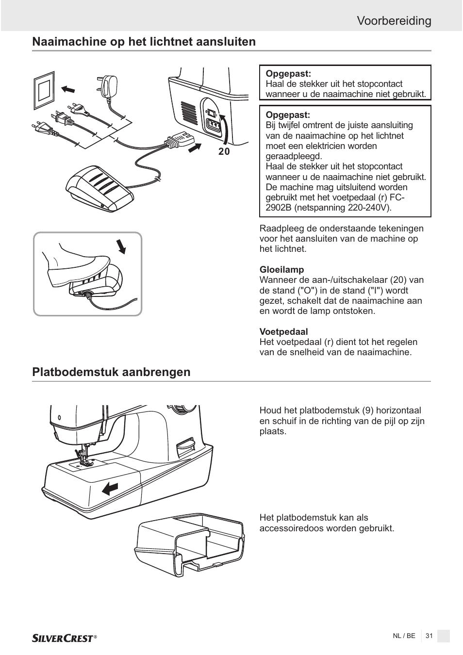 Naaimachine op het lichtnet aansluiten, Voorbereiding platbodemstuk aanbrengen | Silvercrest SNMD 33 A1 User Manual | Page 31 / 94