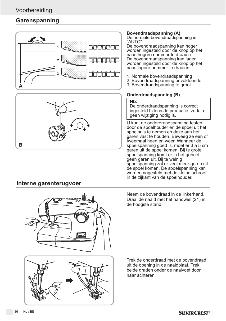 Garenspanning, Interne garenterugvoer voorbereiding | Silvercrest SNMD 33 A1 User Manual | Page 36 / 94