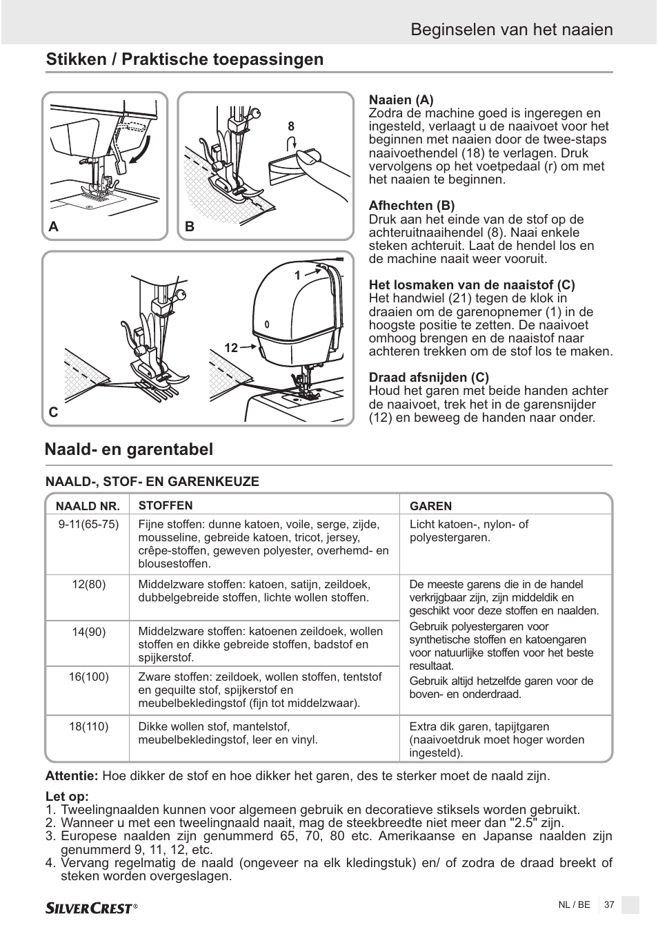 Stikken / praktische toepassingen, Naald- en garentabel, Beginselen van het naaien | Silvercrest SNMD 33 A1 User Manual | Page 37 / 94
