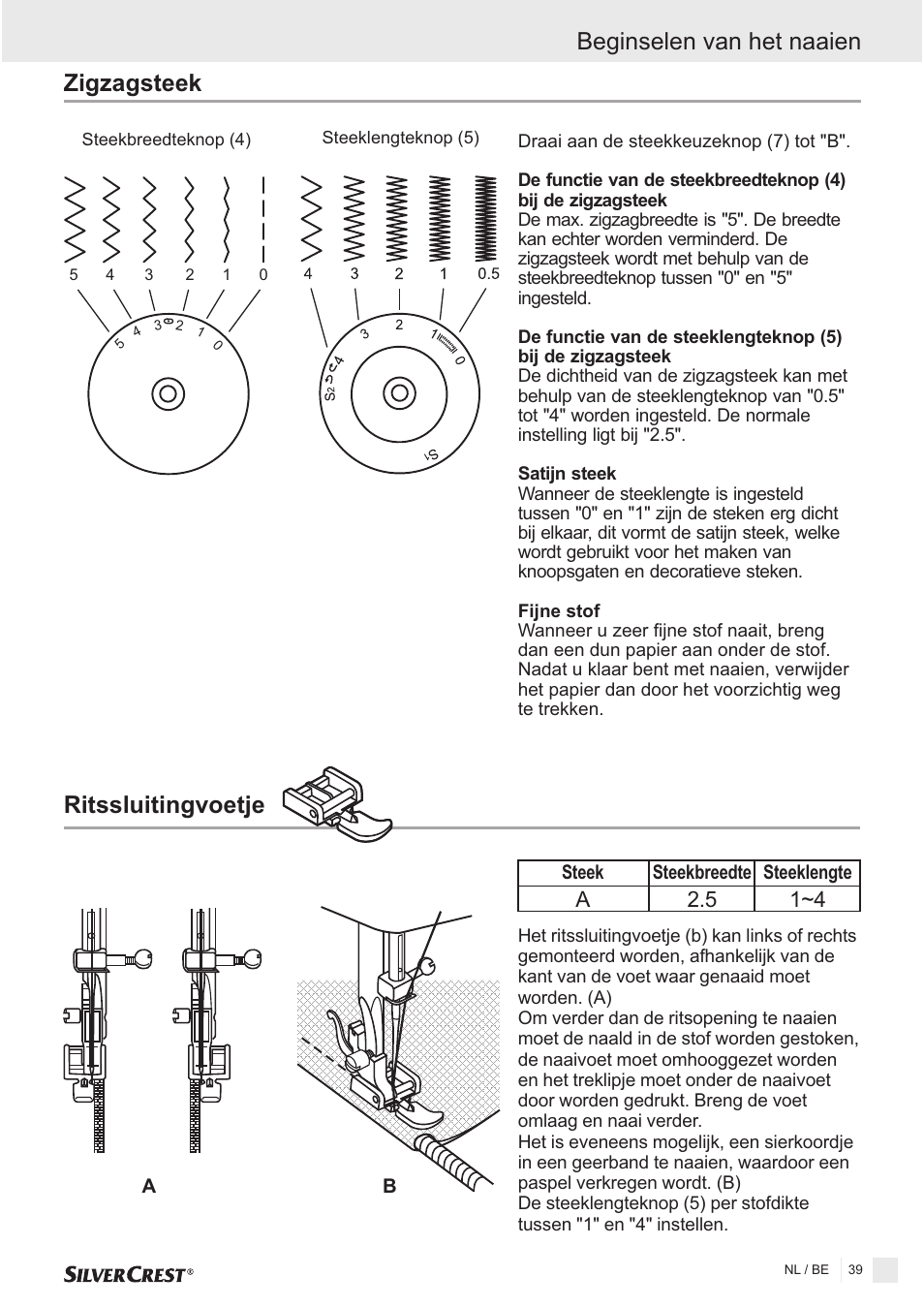 Zigzagsteek, Ritssluitingvoetje beginselen van het naaien, A2.5 1~4 | Silvercrest SNMD 33 A1 User Manual | Page 39 / 94