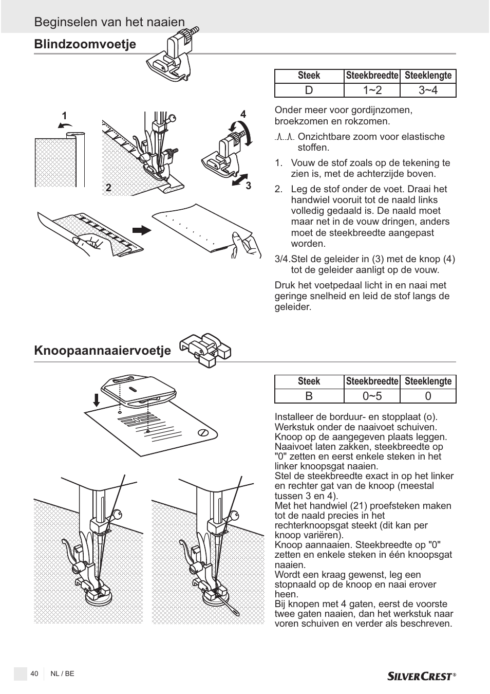 Blindzoomvoetje, Knoopaannaaiervoetje, Beginselen van het naaien | Silvercrest SNMD 33 A1 User Manual | Page 40 / 94