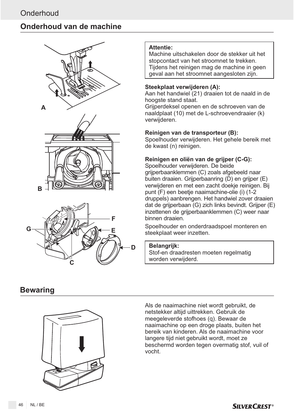 Onderhoud van de machine onderhoud, Bewaring | Silvercrest SNMD 33 A1 User Manual | Page 46 / 94