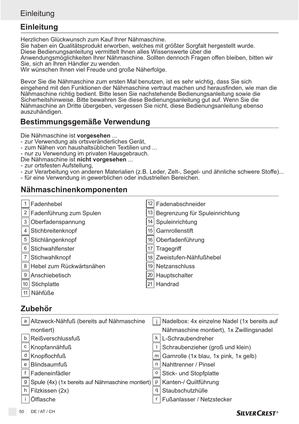 Nähmaschinenkomponenten, Bestimmungsgemäße verwendung, Einleitung | Einleitung zubehör | Silvercrest SNMD 33 A1 User Manual | Page 50 / 94