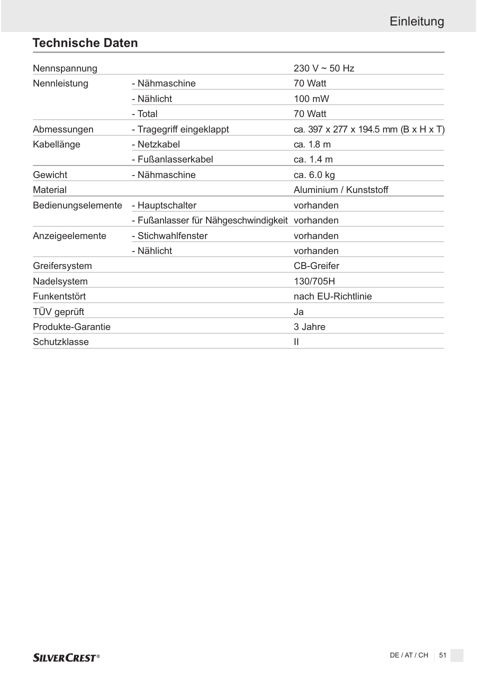 Technische daten einleitung | Silvercrest SNMD 33 A1 User Manual | Page 51 / 94