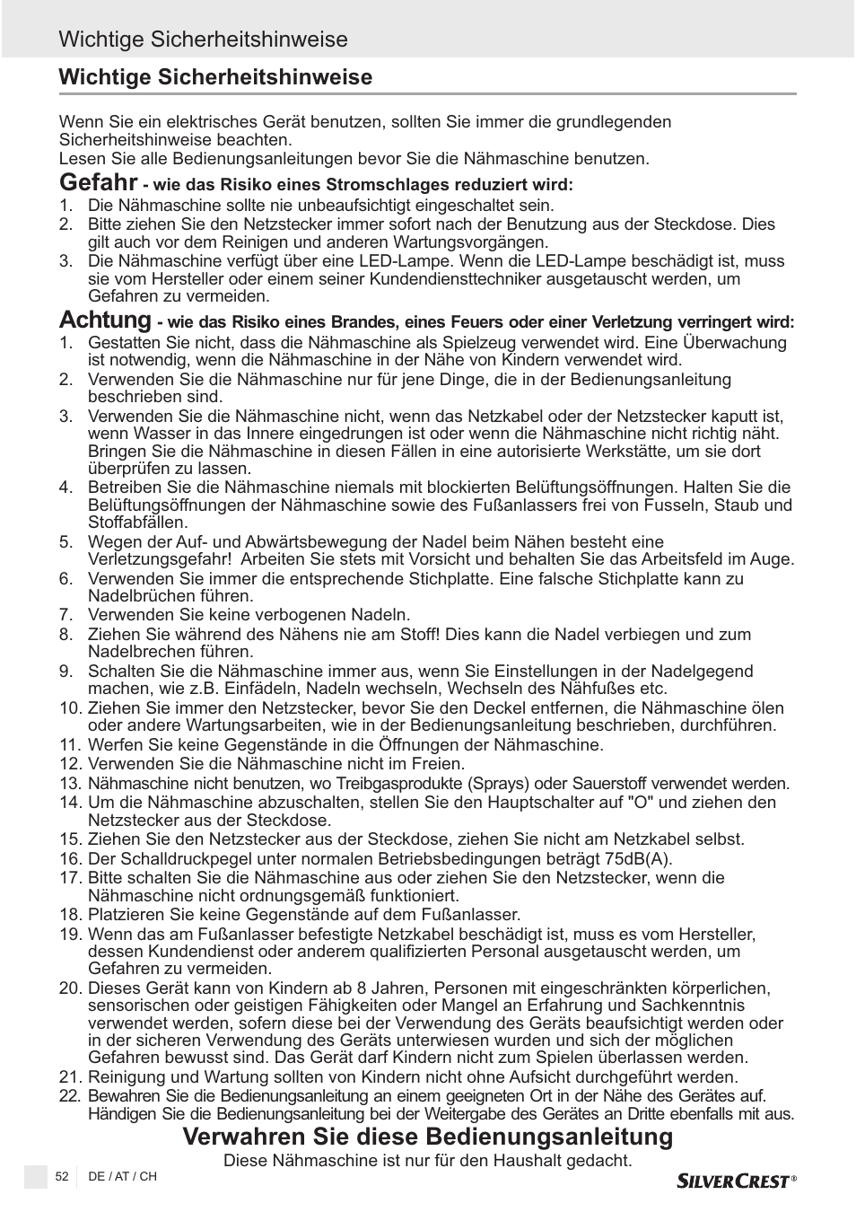 Wichtige sicherheitshinweise | Silvercrest SNMD 33 A1 User Manual | Page 52 / 94