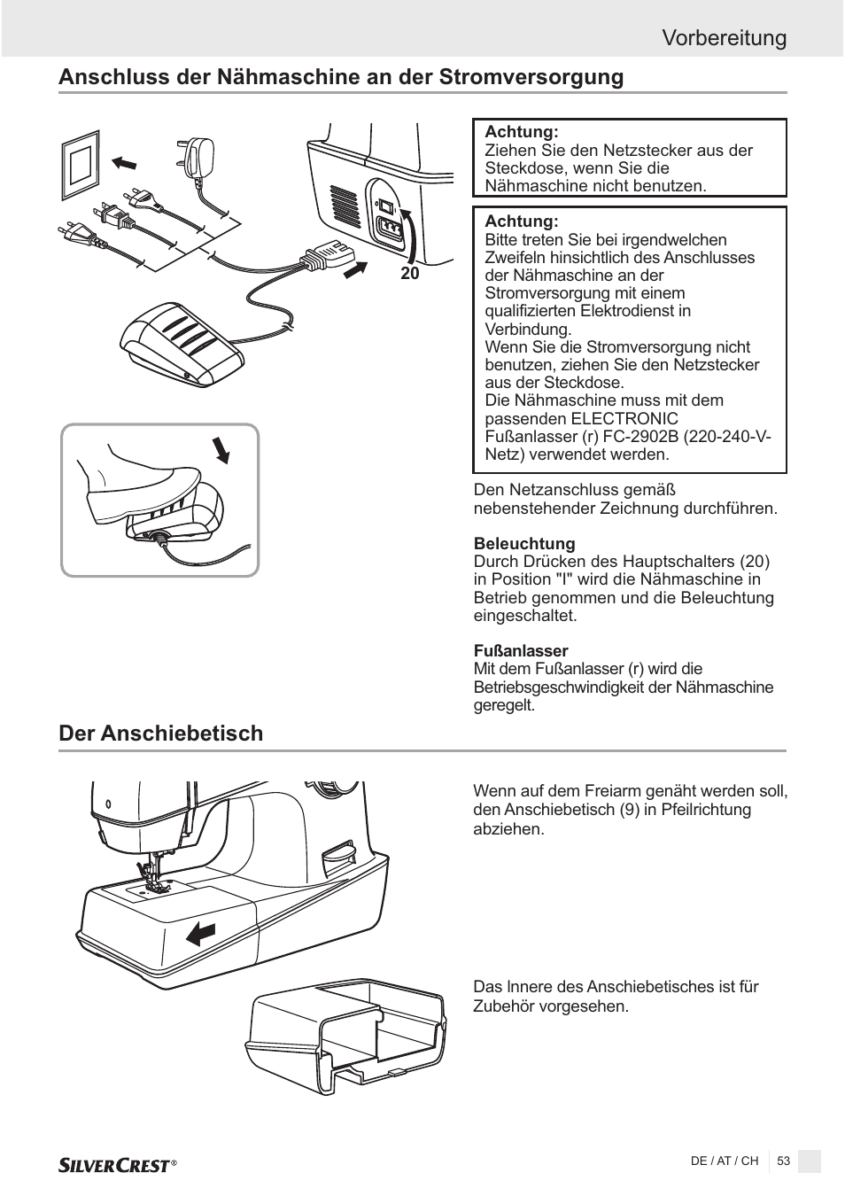 Der anschiebetisch, Vorbereitung, Anschluss der nähmaschine an der stromversorgung | Silvercrest SNMD 33 A1 User Manual | Page 53 / 94