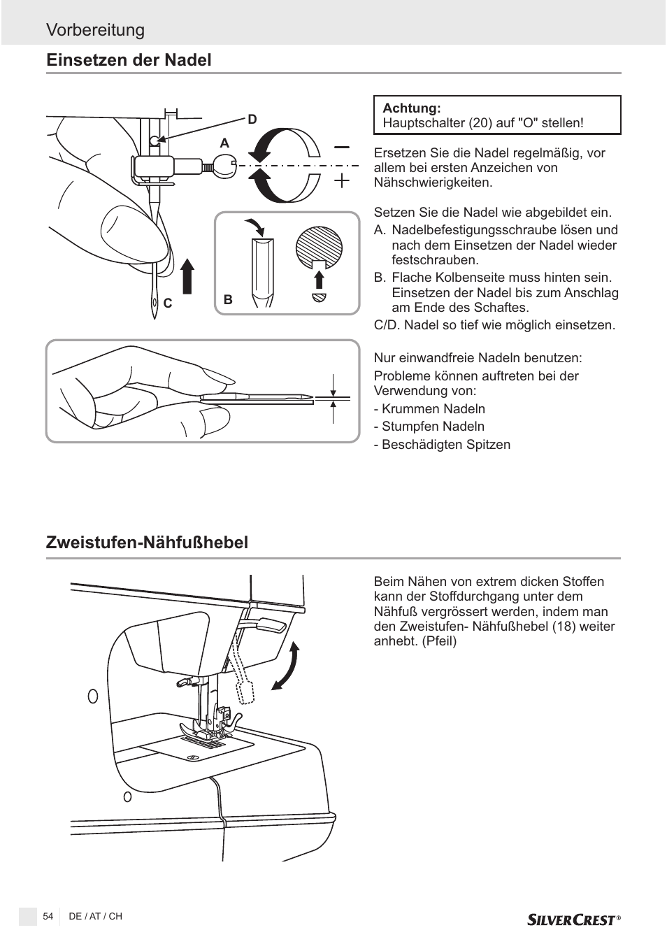 Zweistufen-nähfußhebel, Einsetzen der nadel vorbereitung | Silvercrest SNMD 33 A1 User Manual | Page 54 / 94