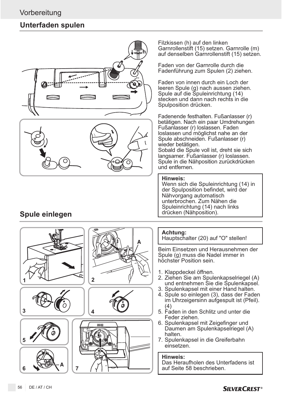 Unterfaden spulen, Spule einlegen vorbereitung | Silvercrest SNMD 33 A1 User Manual | Page 56 / 94
