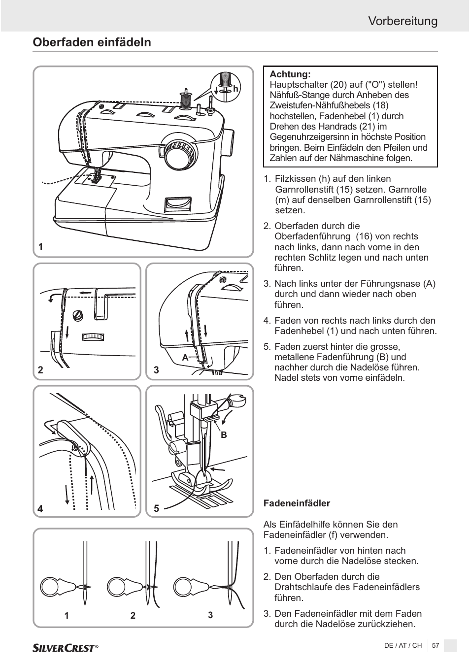 Oberfaden einfädeln, Vorbereitung | Silvercrest SNMD 33 A1 User Manual | Page 57 / 94