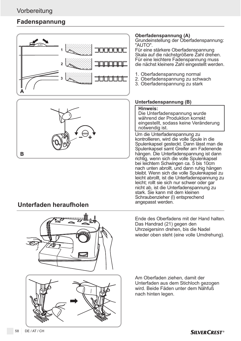 Fadenspannung, Unterfaden heraufholen, Vorbereitung | Silvercrest SNMD 33 A1 User Manual | Page 58 / 94