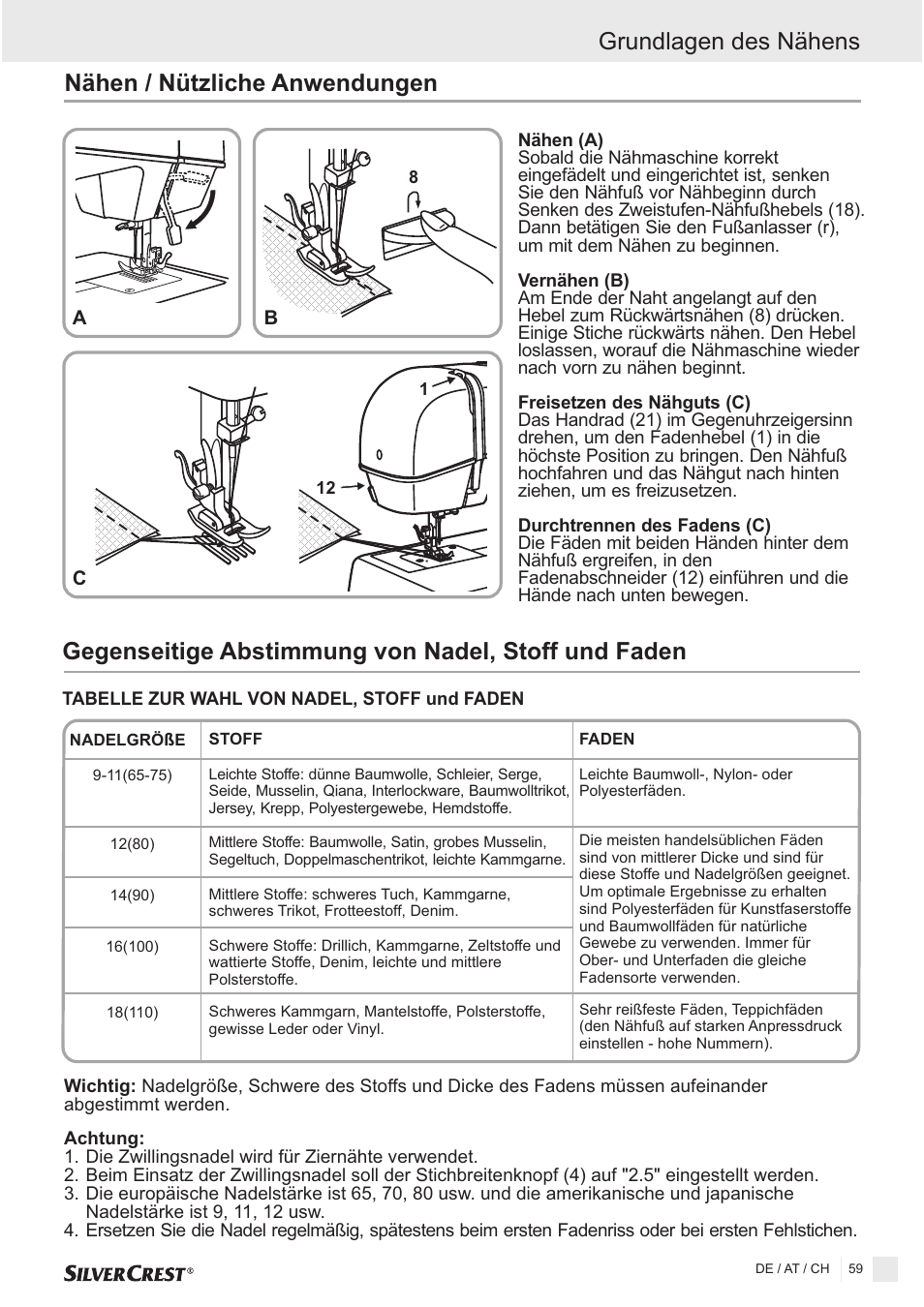 Gegenseitige abstimmung von nadel, stoff und faden | Silvercrest SNMD 33 A1 User Manual | Page 59 / 94