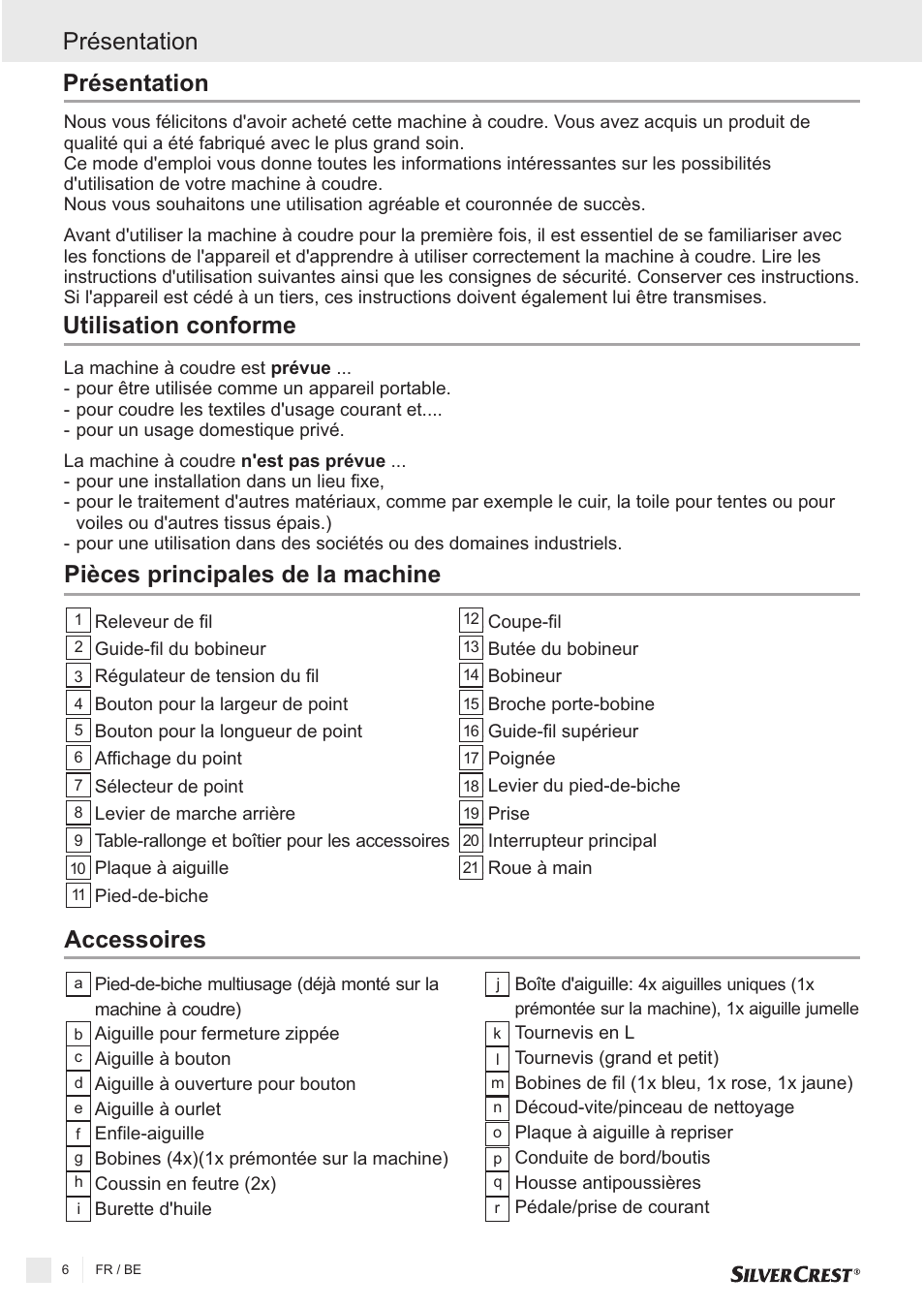Présentation utilisation conforme, Présentation, Pièces principales de la machine accessoires | Silvercrest SNMD 33 A1 User Manual | Page 6 / 94