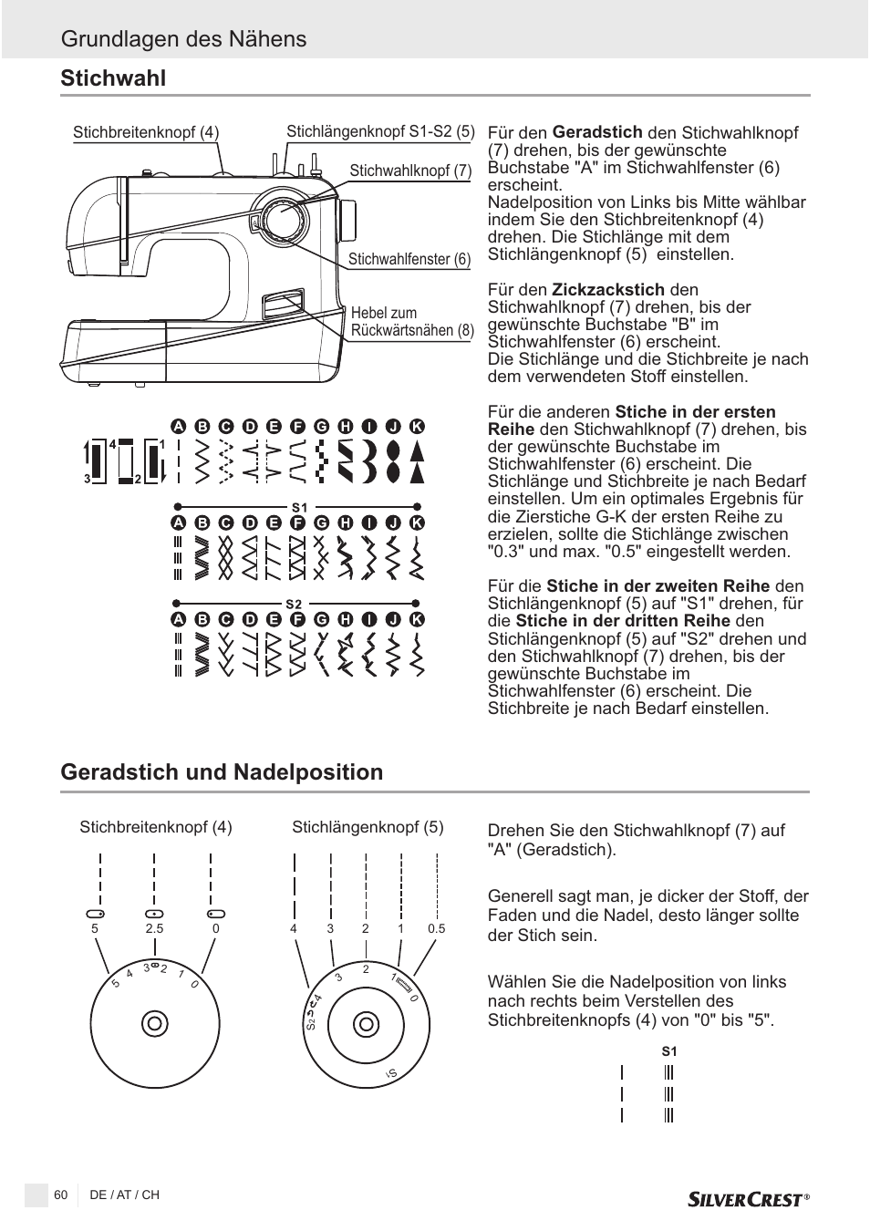 Geradstich und nadelposition, Stichwahl, Grundlagen des nähens | Silvercrest SNMD 33 A1 User Manual | Page 60 / 94