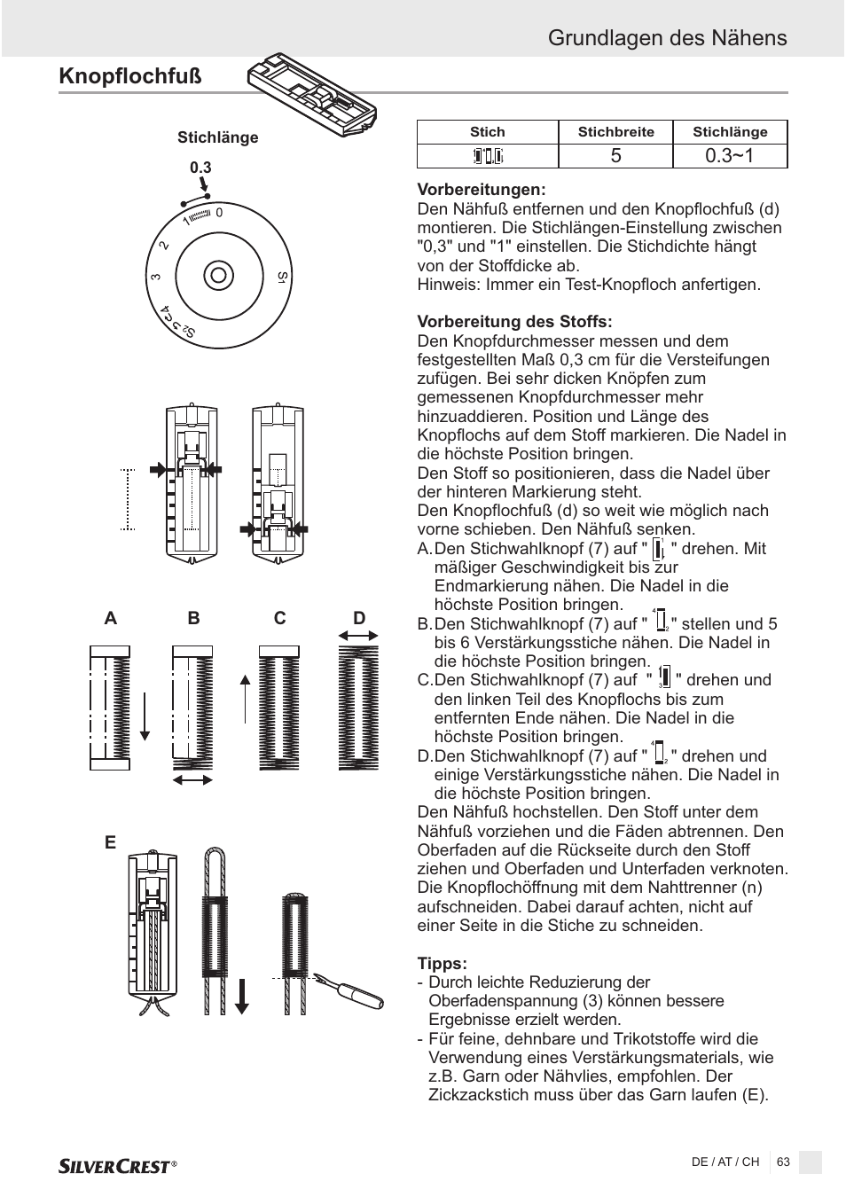 Knopflochfuß, Grundlagen des nähens | Silvercrest SNMD 33 A1 User Manual | Page 63 / 94