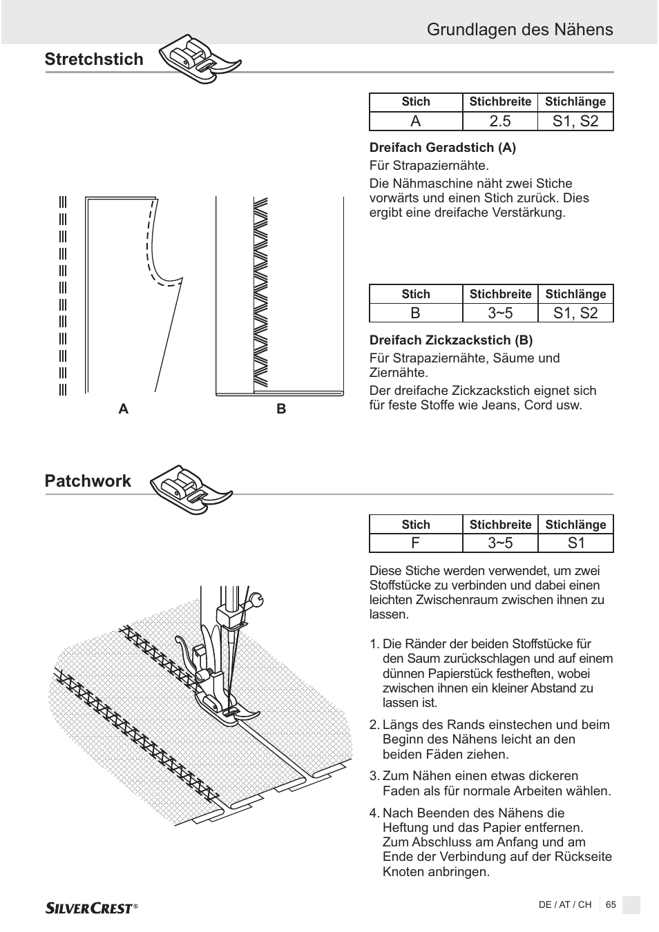 Patchwork, Grundlagen des nähens, Stretchstich | Silvercrest SNMD 33 A1 User Manual | Page 65 / 94