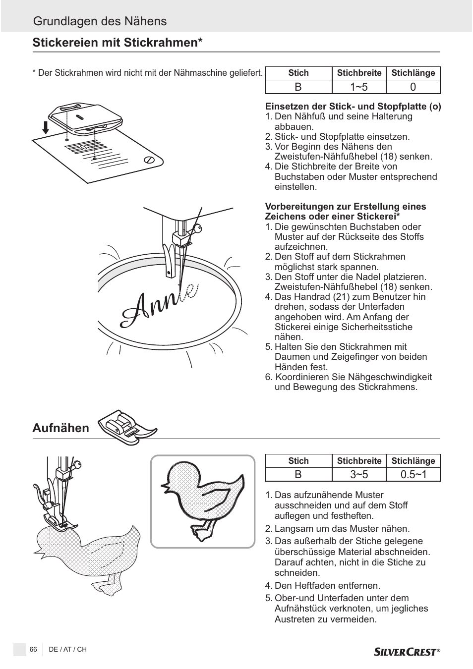 Aufnähen, Stickereien mit stickrahmen, Grundlagen des nähens | Silvercrest SNMD 33 A1 User Manual | Page 66 / 94