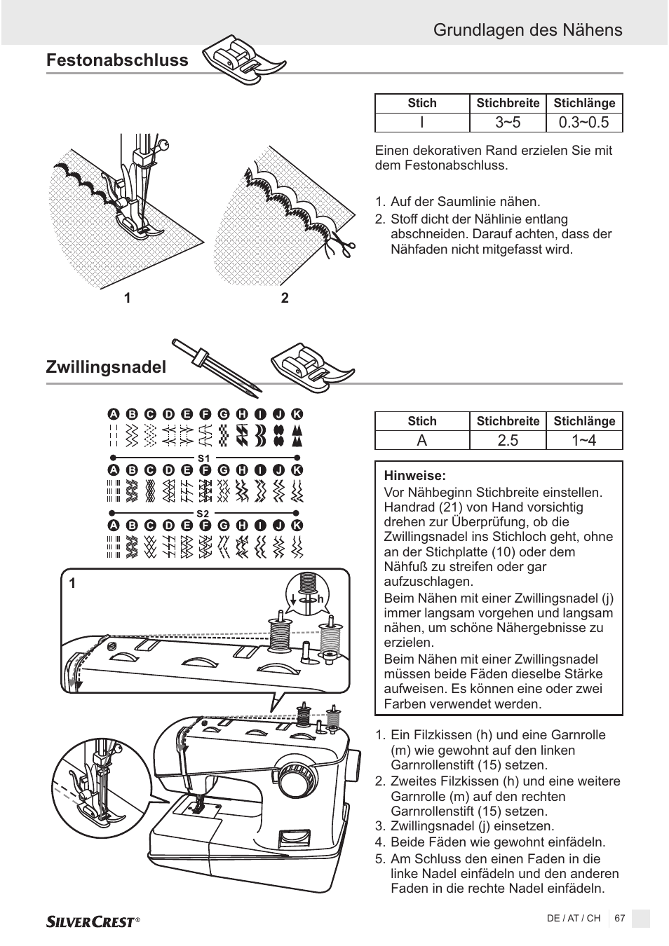 Zwillingsnadel, Festonabschluss, Grundlagen des nähens | Silvercrest SNMD 33 A1 User Manual | Page 67 / 94