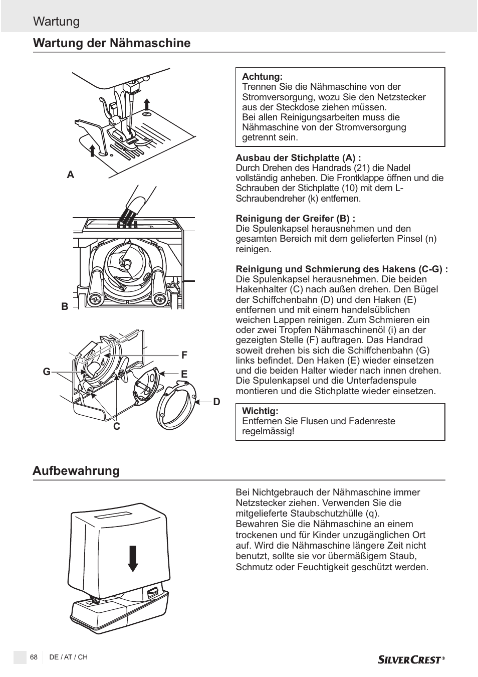 Wartung wartung der nähmaschine, Aufbewahrung | Silvercrest SNMD 33 A1 User Manual | Page 68 / 94