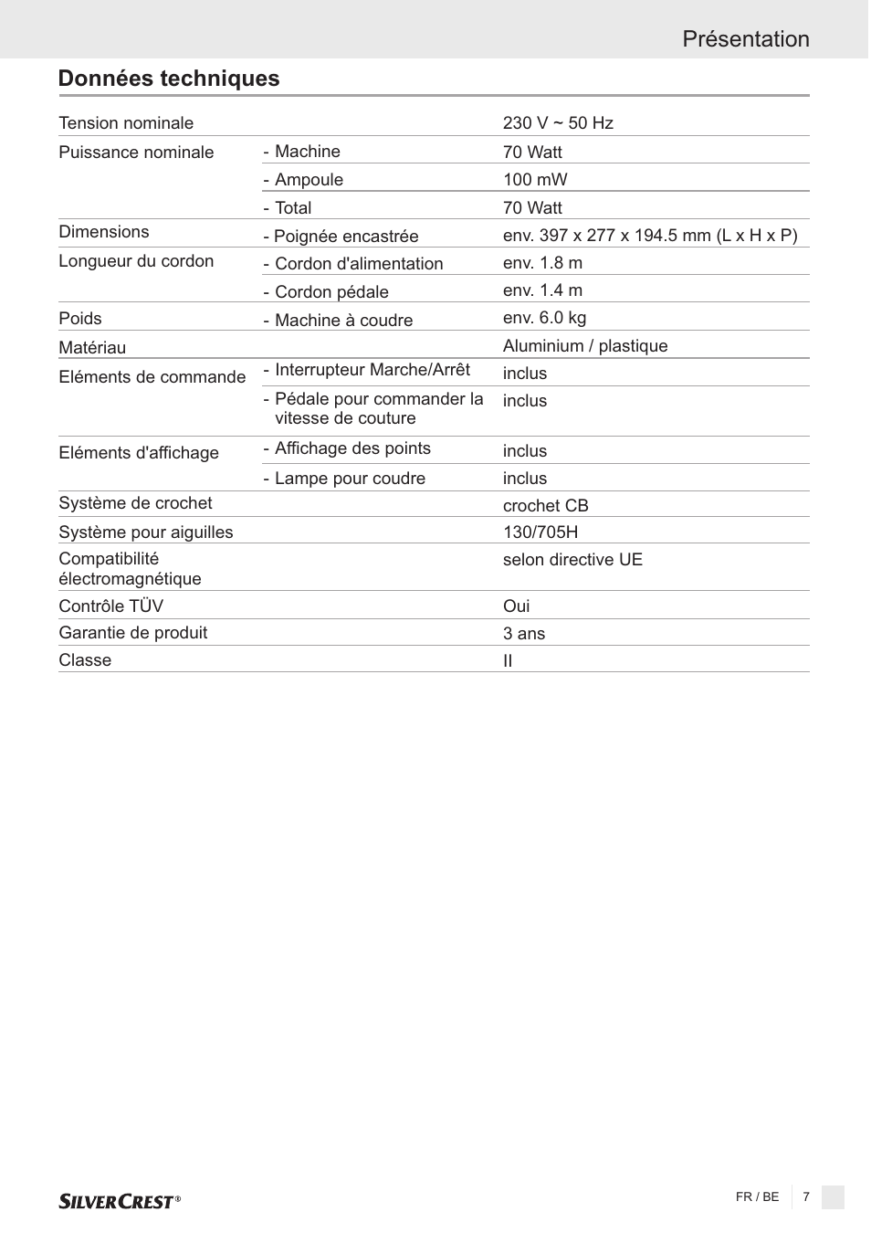 Présentation données techniques | Silvercrest SNMD 33 A1 User Manual | Page 7 / 94