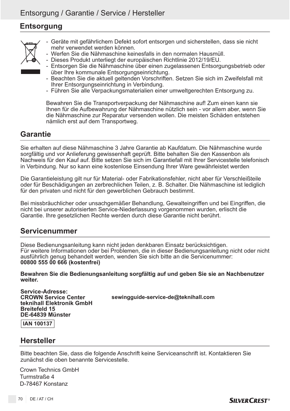 Servicenummer | Silvercrest SNMD 33 A1 User Manual | Page 70 / 94