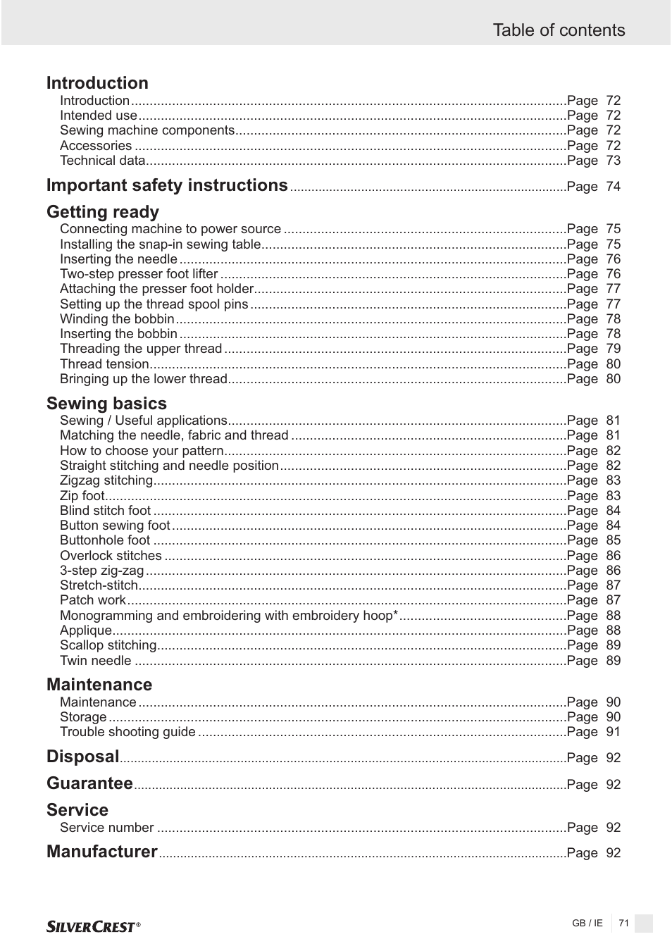 Maintenance table of contents | Silvercrest SNMD 33 A1 User Manual | Page 71 / 94