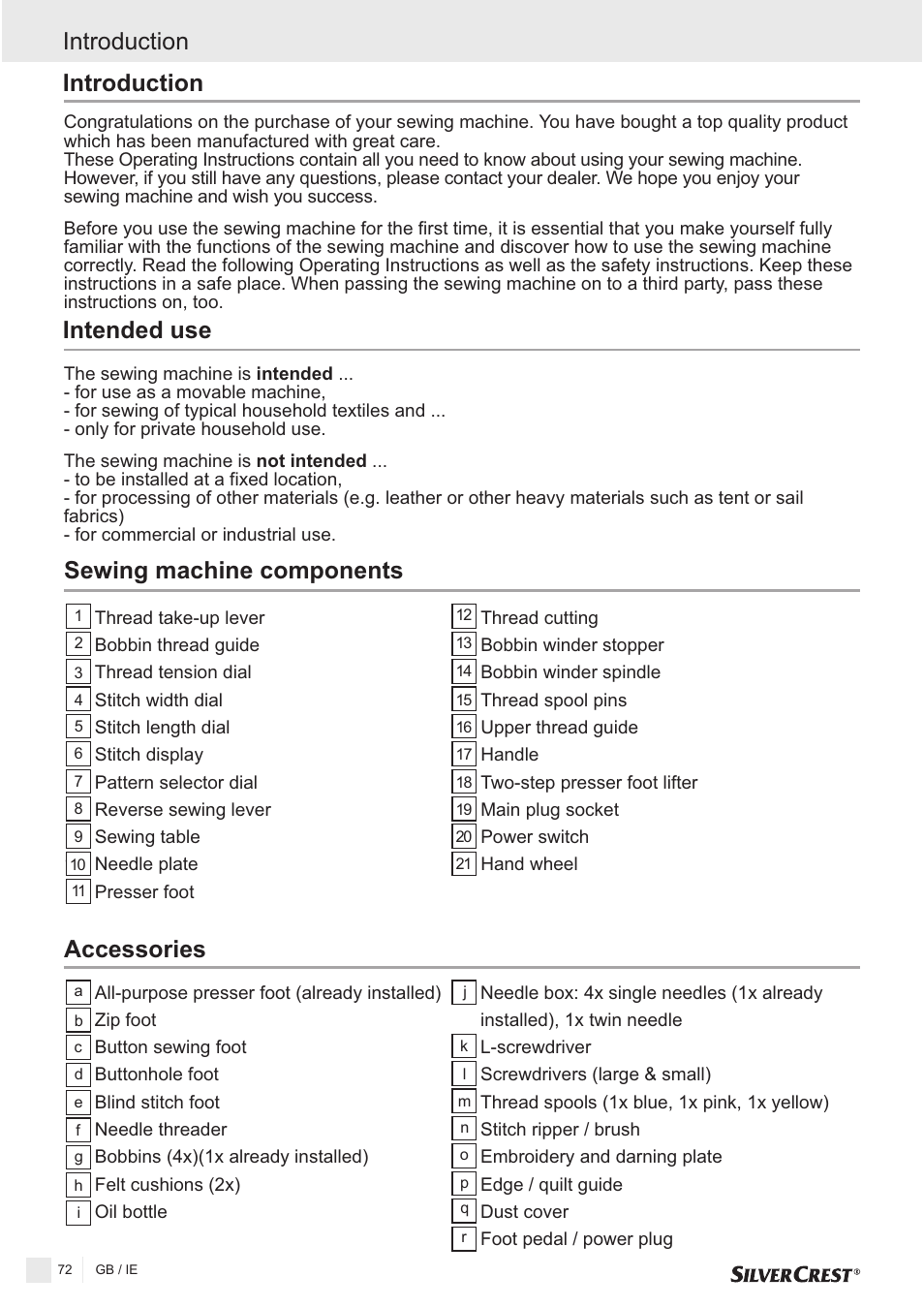 Introduction intended use, Introduction, Sewing machine components accessories | Silvercrest SNMD 33 A1 User Manual | Page 72 / 94