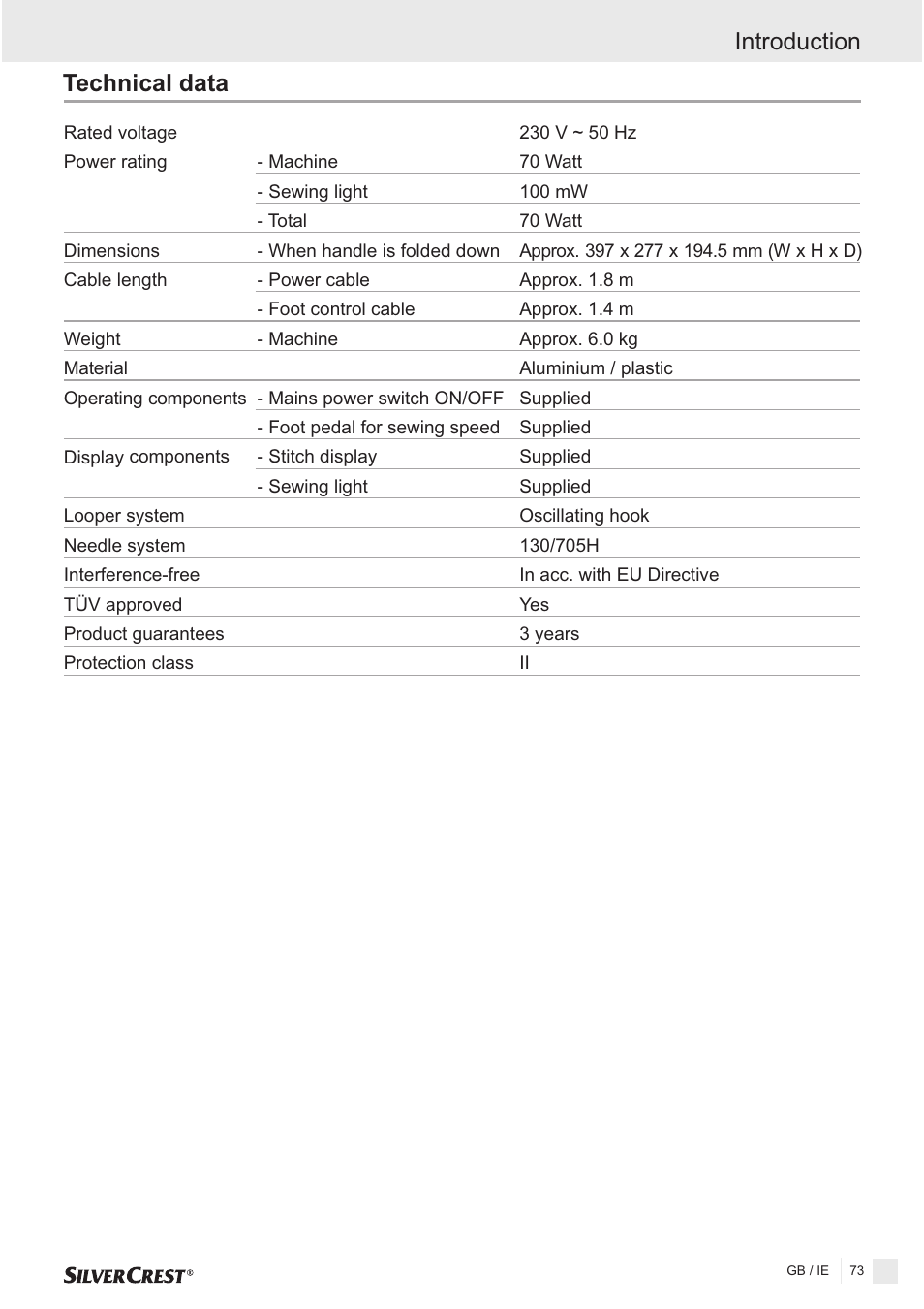 Technical data, Introduction | Silvercrest SNMD 33 A1 User Manual | Page 73 / 94