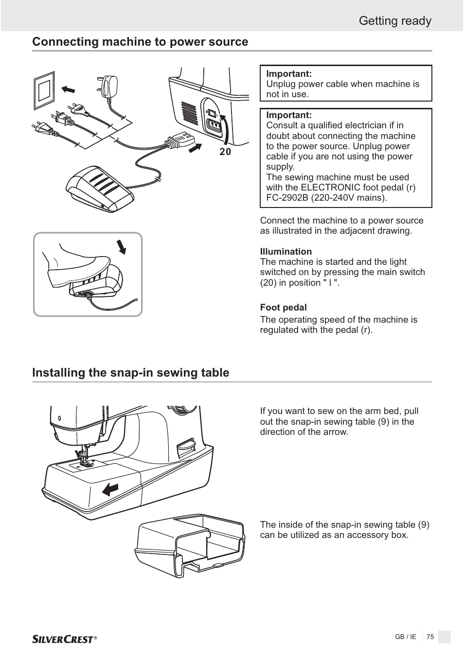 Connecting machine to power source, Installing the snap-in sewing table, Getting ready | Silvercrest SNMD 33 A1 User Manual | Page 75 / 94