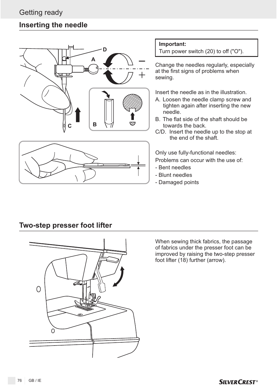 Two-step presser foot lifter, Inserting the needle getting ready | Silvercrest SNMD 33 A1 User Manual | Page 76 / 94