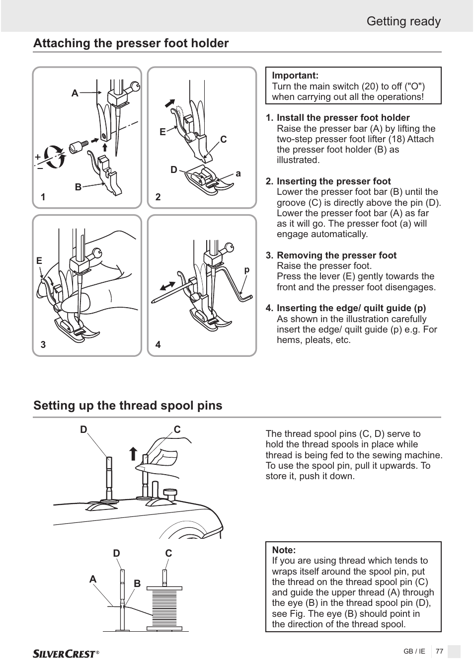 Attaching the presser foot holder, Getting ready, Setting up the thread spool pins | Silvercrest SNMD 33 A1 User Manual | Page 77 / 94