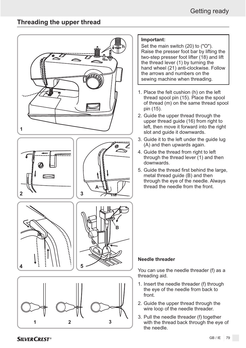 Threading the upper thread getting ready | Silvercrest SNMD 33 A1 User Manual | Page 79 / 94